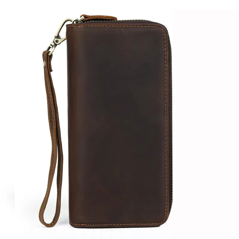 Custom Vintage Crazy Horse Leather Long Purse Men Handmade Double Zipper Long Genuine Leather Clutch Wallet