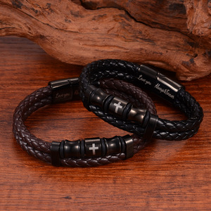 Cross Border Fashion Stainless Steel Double Rope Braided <b>Bracelet</b> With Cross Design <b>Leather</b> Bangle Unisex Gift Jewelry - Product Image 2