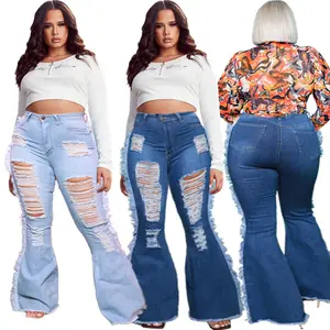 Jean Skinny évasé bleu pour femme, taille haute, déchiré, pantalon en Denim à jambes larges, 5XL