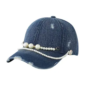قبعة كاوبوي عصرية ممزقة بتصميم كوري الأفضل مبيعاً للرجال والنساء قبعات بيسبول مع سلسلة لؤلؤية