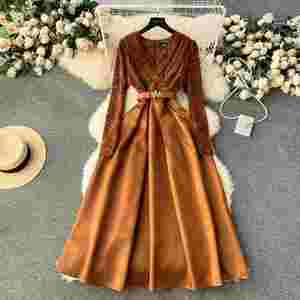 Vestido Midi Elegante de Otoño de Alta Calidad para Mujer, Talla Grande, Cuello en V, Manga Larga, Estilo Imperio, con Encaje y Parches - Product Image 1