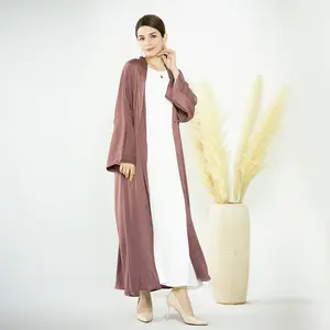 2023 Islamic 10 Solid Colors Satin Open Abaya with Side Pockets Muslim Girls Abaya Modest Dresses