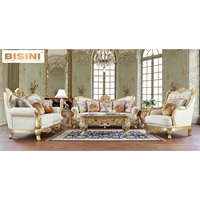 Ensemble de canapés sectionnels 1+2+3 en bois massif sculpté à la main, style royal français, avec chaise en cuir véritable or et blanc