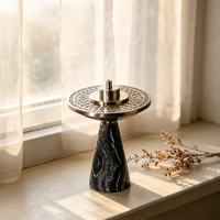 Brûleur d'encens en marbre naturel, brûleur de Bakhoor avec couvercle métallique gravé, Mabkhara de luxe en pierre pour la décoration de table à la maison, Ramadan, Eid