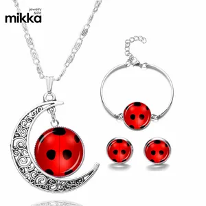 SY Animal Pendant Necklace Cute Ladybug Cartoon Heart Shape Red Rhinestone Letter Dangle Girl Present Earrings Chain Jewelry Set