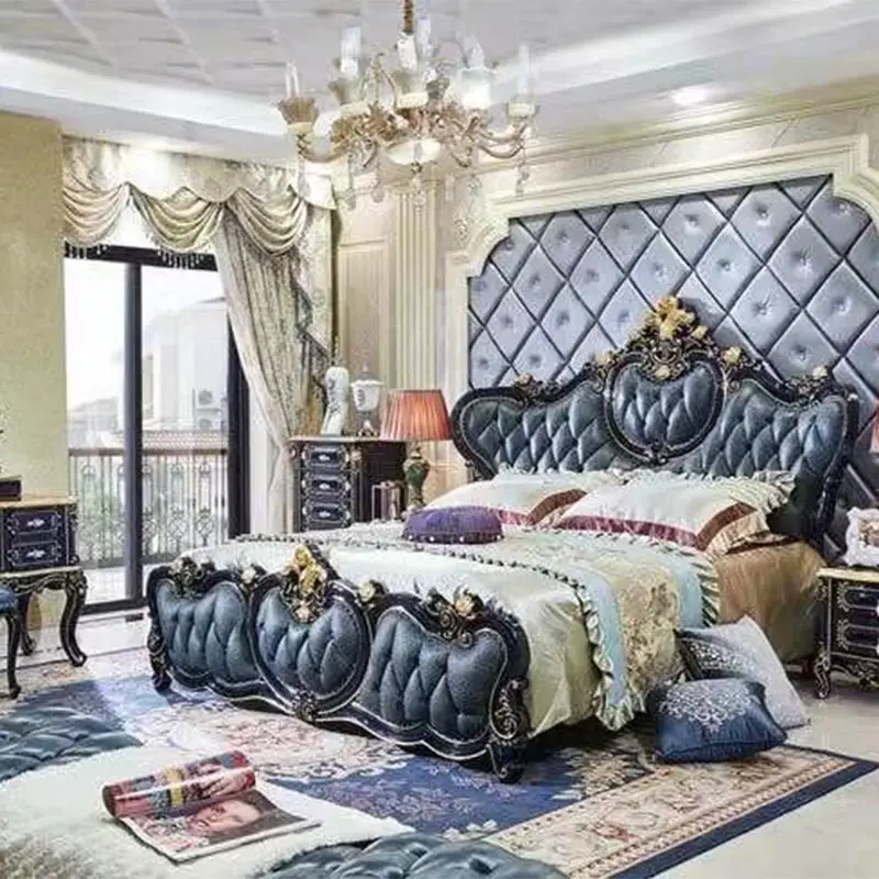 Royal leather light luxury designer furniture set Antique french king size home bedroom furniture