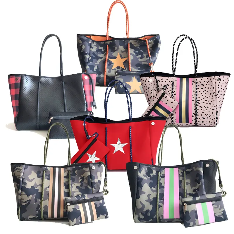 Women handbags ladies printed summer neoprene beach bag custom private label female navy neoprene tote bag
