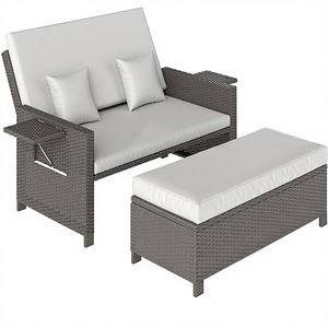 Tumbona Doble de Ratán para Jardín, con Respaldo Ajustable en 5 Niveles, Almacenamiento, Cojines y Almohadas, Juego de Jardín Retráctil - Product Image 1