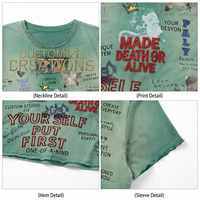 T-shirt graphique à strass délavé à l'acide pour homme, 300 g/m², 100 % coton, coupe ample, sur mesure, streetwear, vert, ourlet brut, col rond