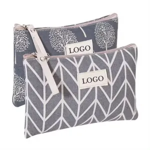 Hot Sales Custom Logo Print Design Zipper Canvas Cosmetic Bag Travel Makeup Bag Pouch