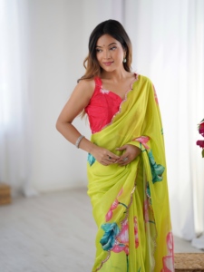 <b>Yellow</b> Heavy Chinnon <b>Saree</b> with Mirror Work for Women Party Wear Traditional Indian Quick Dry All Seasons - Product Image 3