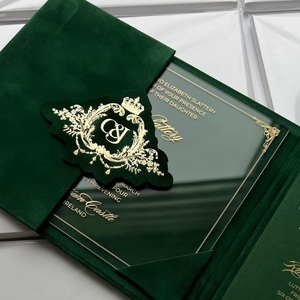 Invitation de <span class=keywords><strong>mariage</strong></span> de luxe en velours vert émeraude <span class=keywords><strong>avec</strong></span> monogramme en feuille d'or, coffret rigide en acrylique pour événements royaux - Product Image 1