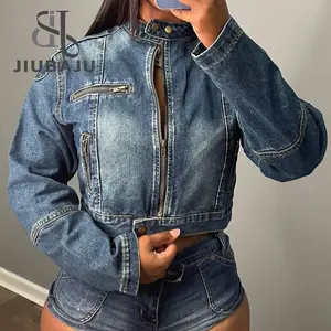 New Stylish Casual Sexy Washed Denim Long Sleeve Zipper Crop Jacket Top Jean Pants Denim Women's Set
