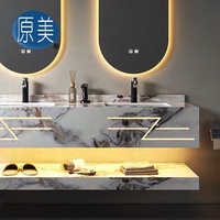 Lavabo de salle de bain mural éclairage LED marbre sur mesure motif sculpté Double couche sans couture double évier armoire pour hôtel