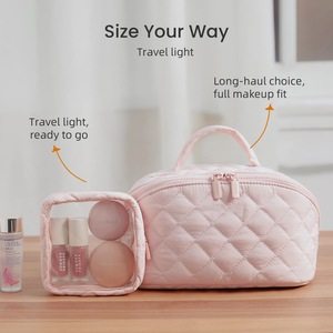 Large Capacity Open Flat <b>Travel</b> Makeup Case Waterproof Polyester Quilted Cosmetic Organizer Bag With Transparent <b>Pouch</b> - Product Image 2