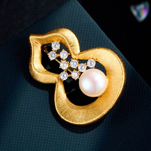 Chinese Style Gourd Brooch Copper Alloy Zircon Freshwater Pearl Gold Brushed Women's Fashion Corsage Gift - Product Image 1