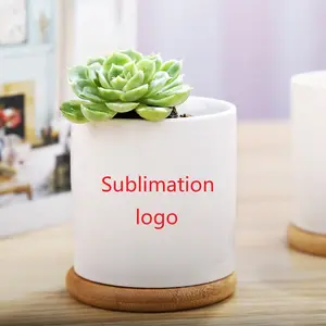 Sublimation DIY home ceramic flowerpot desktop with bamboo base sublimation blank pot flower pot for office useful