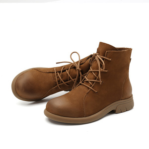 Bottines d'hiver en cuir de vache marron pour femmes, à lacets, à semelle plate, en fourrure synthétique, taille plus, chaudes, confortables, à semelle souple - Product Image 1