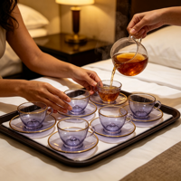 Set Piring Kaca Ungu dengan Sendok dan Nampan Logo Kustom untuk Penggunaan Pernikahan, Rumah, Hotel, Restoran