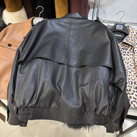 Blouson bomber oversize zippé en véritable peau de mouton lisse pour femme, avec ourlet côtelé, en cuir noir uni, manteau d'automne