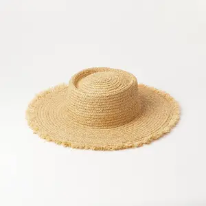 Cincin Musim Panas atas tepi kasar tenunan tangan rafia rumput besar topi jerami Meksiko perjalanan perlindungan matahari topi jerami pantai wanita