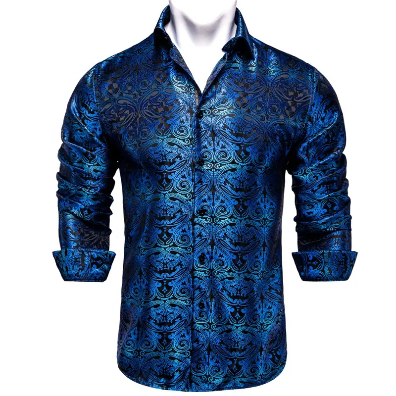 Plus Size Men's Fashion Floral Flower Pattern Designer Polyester Shirt New Style Blue Luxury Paisley Silk Long Sleeve Mens Shirt