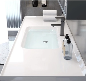 Lavabo de baño moderno estilo crema con gabinete con espejo LED y lavabo integrado sin juntas - Product Image 6