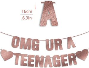 OMG UR a Teenager Banner - Decoración de Fiesta de <span class=keywords><strong>Cumpleaños</strong></span> Número <span class=keywords><strong>13</strong></span> con Purpurina Rosa Dorada para Niñas - Uso en Interiores/Exteriores - Product Image 1
