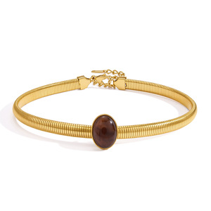 <span class=keywords><strong>Collana</strong></span> Girocollo da Donna in Acciaio Inossidabile all'Ingrosso, Catena Tubogas Placcata Oro <span class=keywords><strong>con</strong></span> Cabochon in Resina Ambrata Marrone - Product Image 1