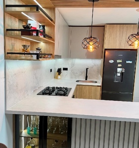 Ensembles de cuisines modulaires modernes sur mesure, finition brillante, avec panneaux mélaminés et bois, pour villa, centre commercial, appartement - Product Image 5