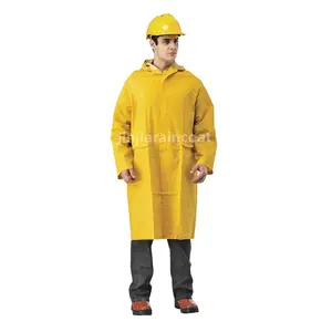 Atacado amarelo raincoat longo impermeável segurança engrenagem heavy duty pvc poliéster trabalho chuva casaco para homens pvc