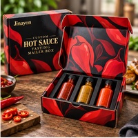 Boîte d'expédition rectangulaire personnalisée brillante en carton ondulé E-Flute pour dégustation de sauces piquantes, avec insert en papier à trois fentes et doublure en éponge pour emballage e-commerce