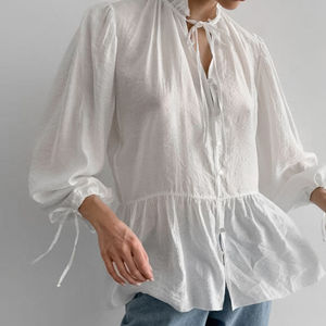 Enyami Ruffle vá làm việc dây rút Saree thời trang Tops pháp đường phố mặc giản dị lỏng đứng lên cổ áo phồng tay áo Phụ nữ - Product Image 2