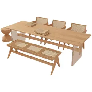 2024 nouvelle Table à manger en bois de frêne massif de Style chinois avec jambe en acrylique et bois de canne à manger 4 ensembles de chaises