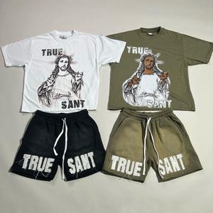 Vintage Jesus Portrait Print Boxy Tee Heavy Weight Cotton Distressed Short Sleeve Unisex Custom OEM Graphic <b>T</b> Shirt Wholesale - Product Image 2