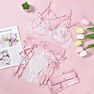 Women's Sexy Satin Lingerie Set Lace Embroidery Push-Up Bra With Halter and Panty Rhinestone Decoration - Product Image 6