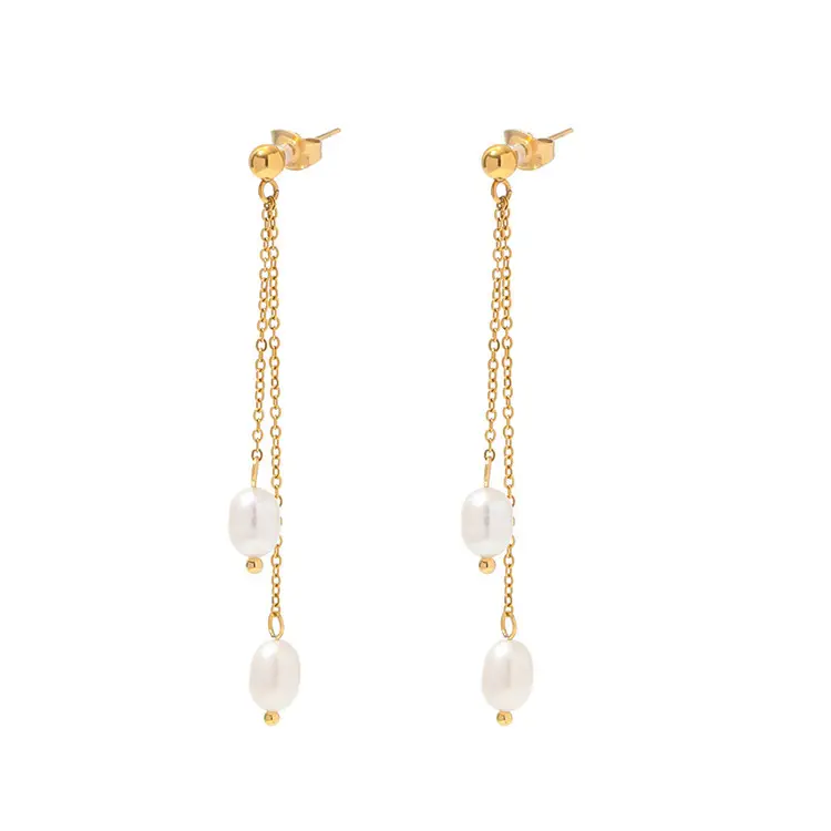 France Fashion Style Stainless Steel Long Tassel Chain Real Pearl Drop Earrings For Women
