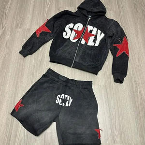 Custom Logo High Quality Casual Pocket Wear Two-piece Men's <b>Zipper</b> Hoodie and <b>Shorts</b> Set - Product Image 3