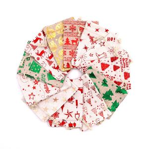 Sacs cadeaux de Noël à cordon 10x14cm, pochettes en coton et lin, pochettes à bonbons de Noël estampées, sacs du Père Noël, emballage pour fêtes - Product Image 4