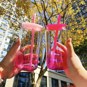 Ready to Ship 50pcs Reusable <b>Clear</b> Gradient Colored Beer Acrylic Can Custom 16oz Ombre <b>Jelly</b> Plastic Cups with Lids and Straws - Product Image 3