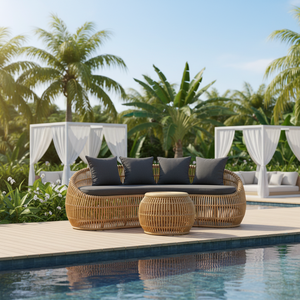 Rattan Garden Sofa Set with Round Ottoman Three Seat Outdoor Furniture Tropical Style Water Proof UV Resistant PE Rattan - Product Image 1