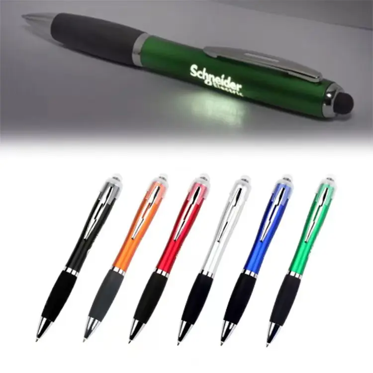 Caneta esferográfica LED preta personalizada para presente, caneta esferográfica com tela de toque macio, caneta esferográfica de plástico ativa barata personalizada com logotipo promocional