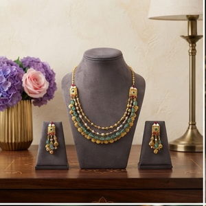 Ensemble de bijoux fins couleur or, collier superposé et boucles d'oreilles, pendentif perle verte, pour mariage et fête - Product Image 2