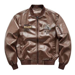 Blouson bomber brodé <span class=keywords><strong>à</strong></span> col montant pour <span class=keywords><strong>homme</strong></span> grande taille, idéal pour <span class=keywords><strong>la</strong></span> <span class=keywords><strong>moto</strong></span> |   Blouson aviateur en cuir doublé polaire ample - Product Image 3