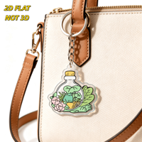 Porte-clés en acrylique avec grenouille mignonne dans une bouteille en verre, design terrarium kawaii avec fleurs et feuilles, pendentif transparent double face