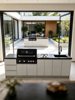 Station de cuisson extérieure toutes saisons avec barbecue à gaz 5 brûleurs, plaque de cuisson 2 brûleurs, évier, unité de cuisine en acier inoxydable, allumage électronique, haute performance