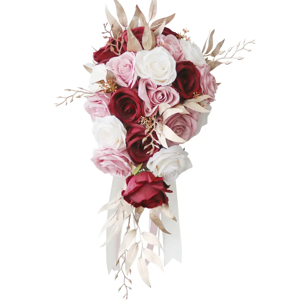bridal bouquet wedding artificial flowers red and gold decoration holder bridal flower for brides