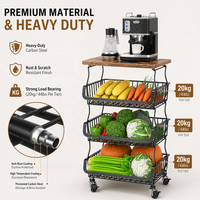 Panier à fruits et légumes avec dessus en bois, chariot de rangement de cuisine empilable en fil métallique, étagère roulante, organisateur personnalisé OEM