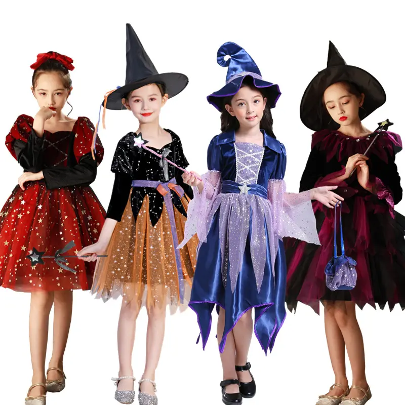 Fantasia da bruxa para crianças, traje de halloween de princesa com chapéu