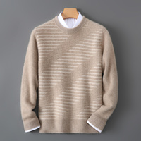 Pull-over en pure laine 100 % pour homme, col rond, motif rayé, épais, décontracté, chaud, idéal pour le printemps